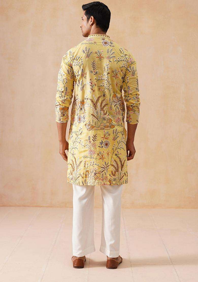 Yellow Embroidery Viscose Kurta Pyjama Set For Men - Indya