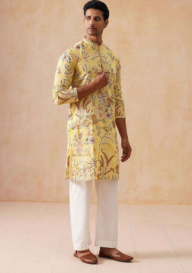 Yellow Embroidery Viscose Kurta Pyjama Set For Men - Indya