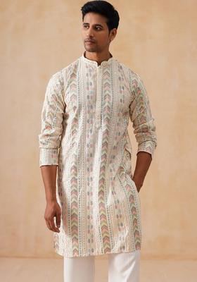 White Embroidery Silk Kurta Pyjama Set For Men