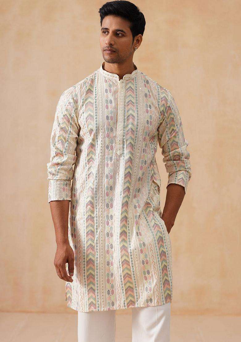 White Embroidery Silk Blend Kurta Pyjama Set For Men - Indya