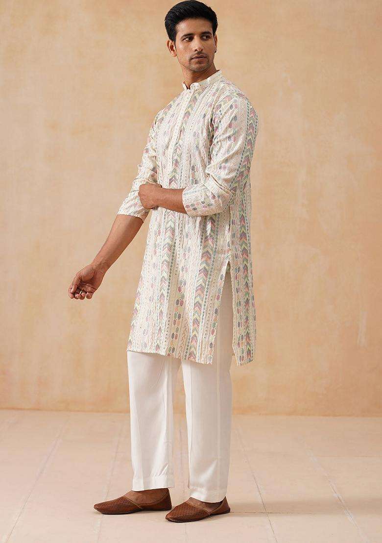 White Embroidery Silk Blend Kurta Pyjama Set For Men - Indya