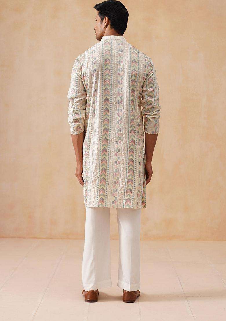White Embroidery Silk Blend Kurta Pyjama Set For Men - Indya