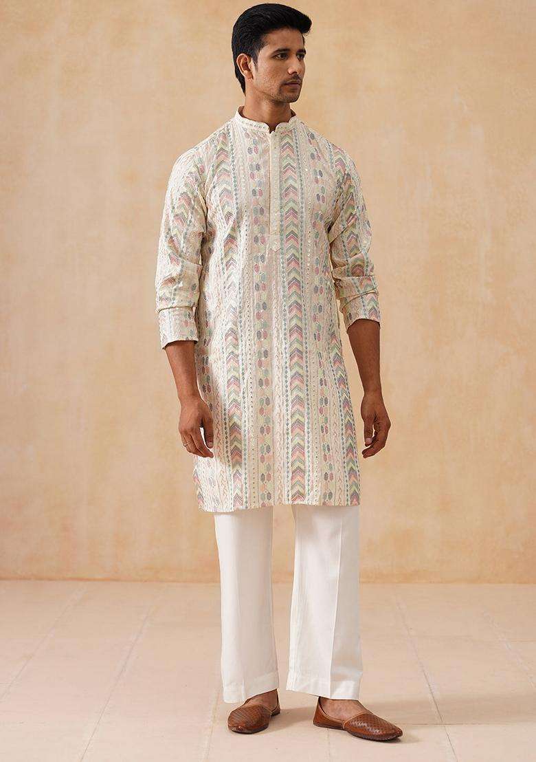 White Embroidery Silk Blend Kurta Pyjama Set For Men - Indya