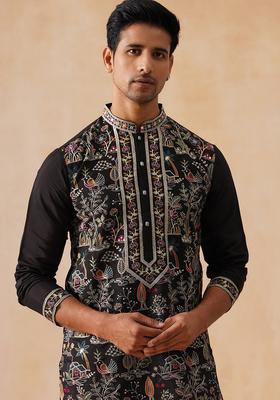 Black Embroidery Silk Kurta Pyjama Set For Men