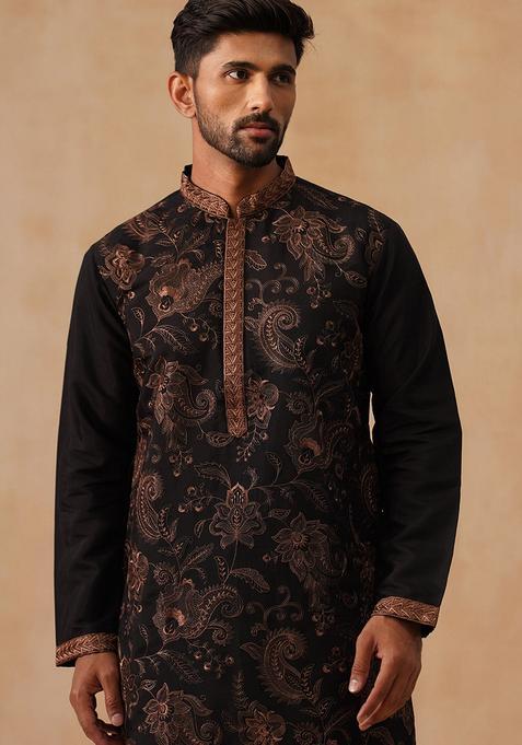 Bronze Embroidery Silk Kurta Pyjama Set For Men