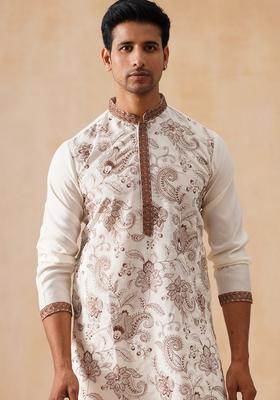 White Embroidery Silk Kurta Pyjama Set For Men