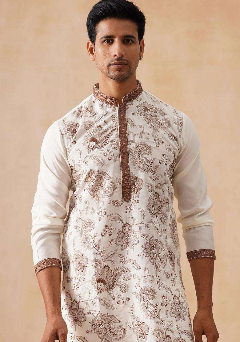 White Embroidery Silk Blend Kurta Pyjama Set For Men - Indya