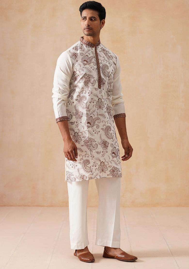 White Embroidery Silk Blend Kurta Pyjama Set For Men - Indya