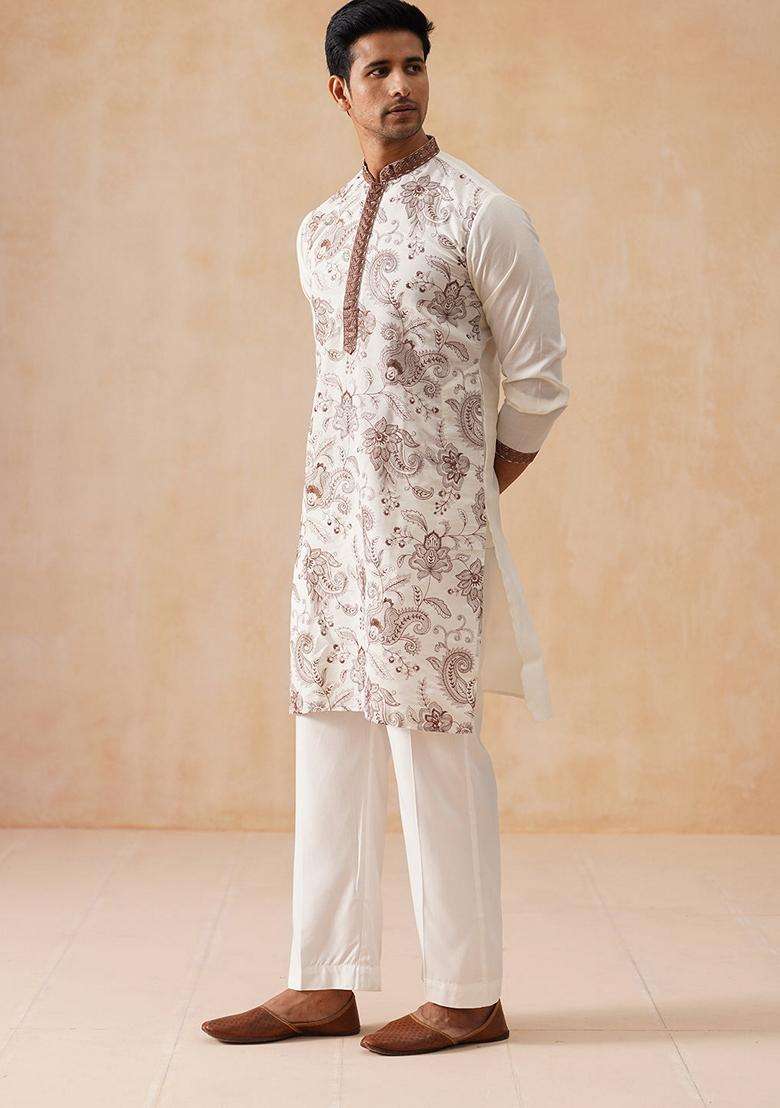 White Embroidery Silk Blend Kurta Pyjama Set For Men - Indya
