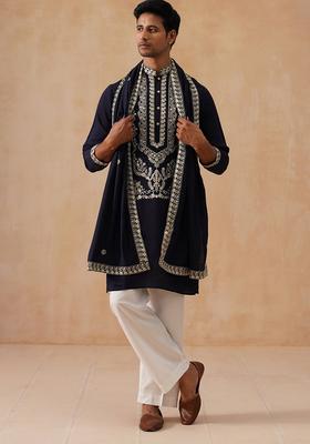 Black Embroidery Silk Kurta Pyjama Set For Men
