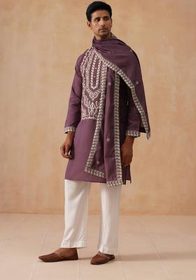 Purple Embroidery Silk Kurta Pyjama Set For Men