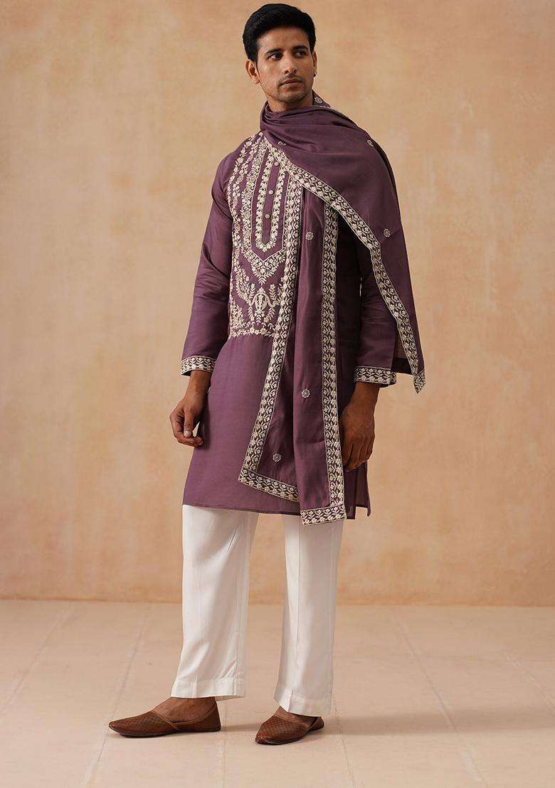 Purple Embroidery Silk Blend Kurta Pyjama Set For Men - Indya