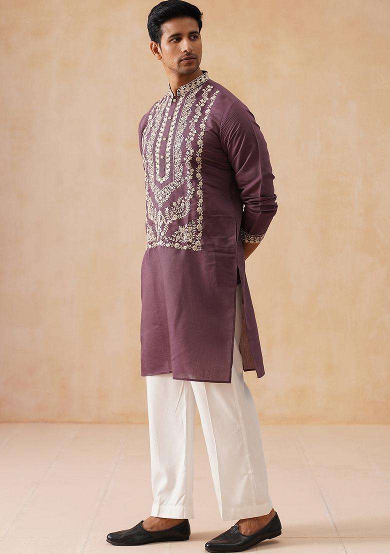 Purple Embroidery Silk Blend Kurta Pyjama Set For Men - Indya