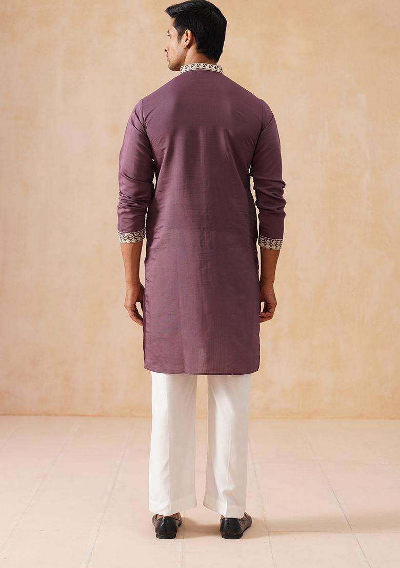 Purple Embroidery Silk Blend Kurta Pyjama Set For Men - Indya