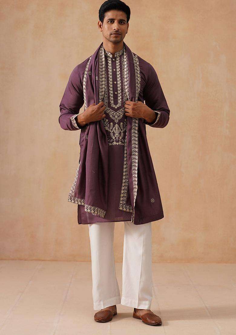 Purple Embroidery Silk Blend Kurta Pyjama Set For Men - Indya