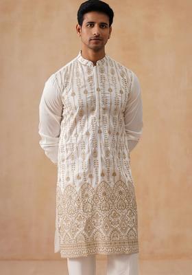 White Embroidery Silk Kurta Pyjama Set For Men