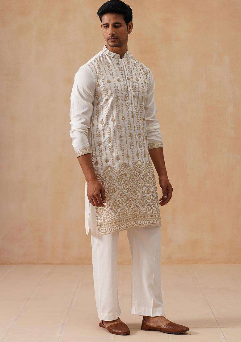 White Embroidery Silk Blend Kurta Pyjama Set For Men - Indya