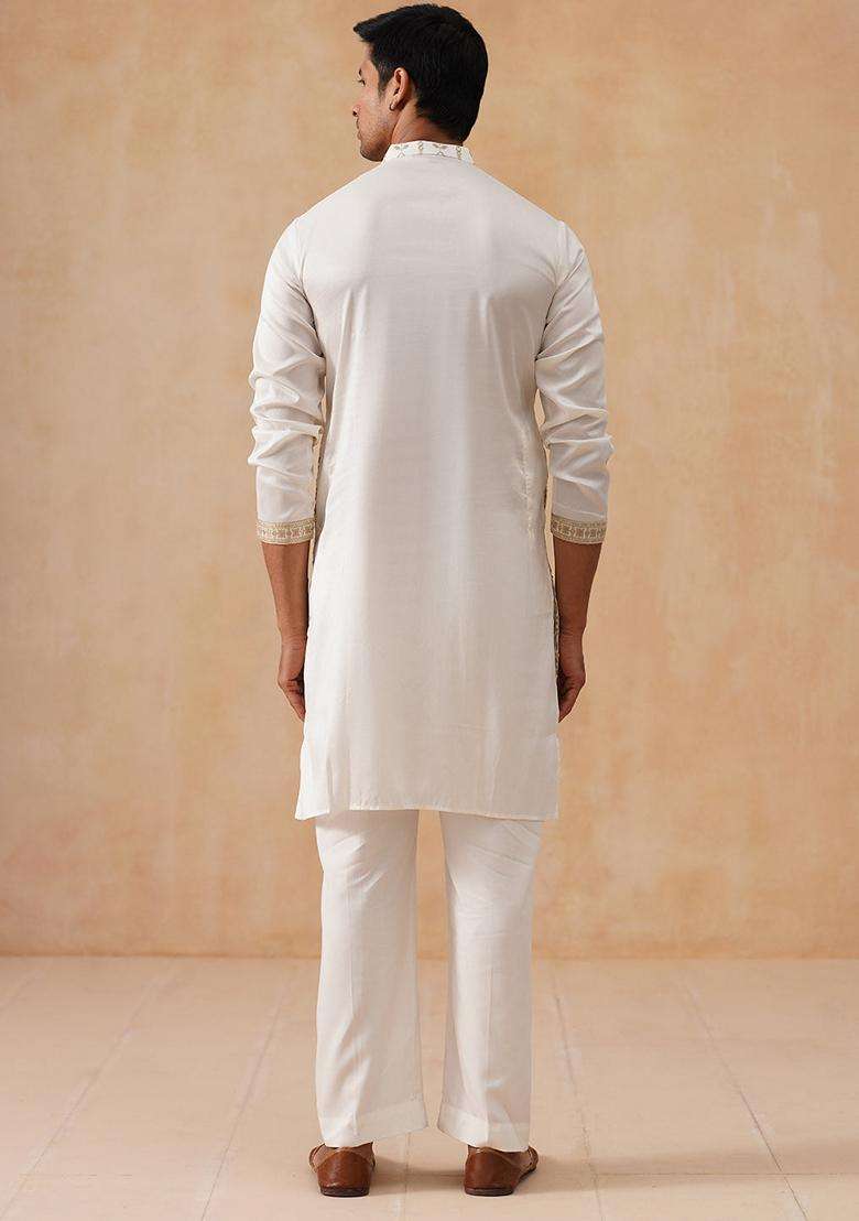 White Embroidery Silk Blend Kurta Pyjama Set For Men - Indya
