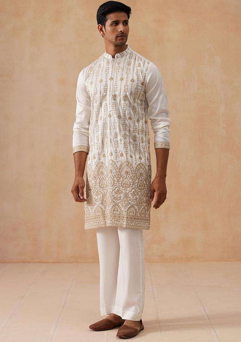 White Embroidery Silk Blend Kurta Pyjama Set For Men - Indya