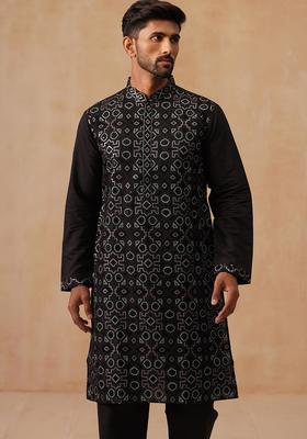Black Embroidery Silk Kurta Pyjama Set For Men
