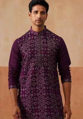 Purple Embroidery Silk Kurta Pyjama Set For Men