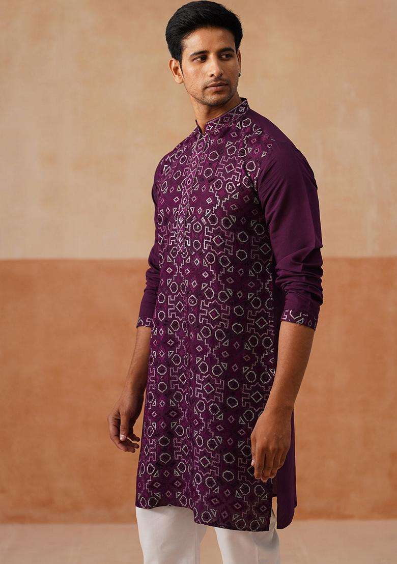 Purple Embroidery Silk Blend Kurta Pyjama Set For Men - Indya