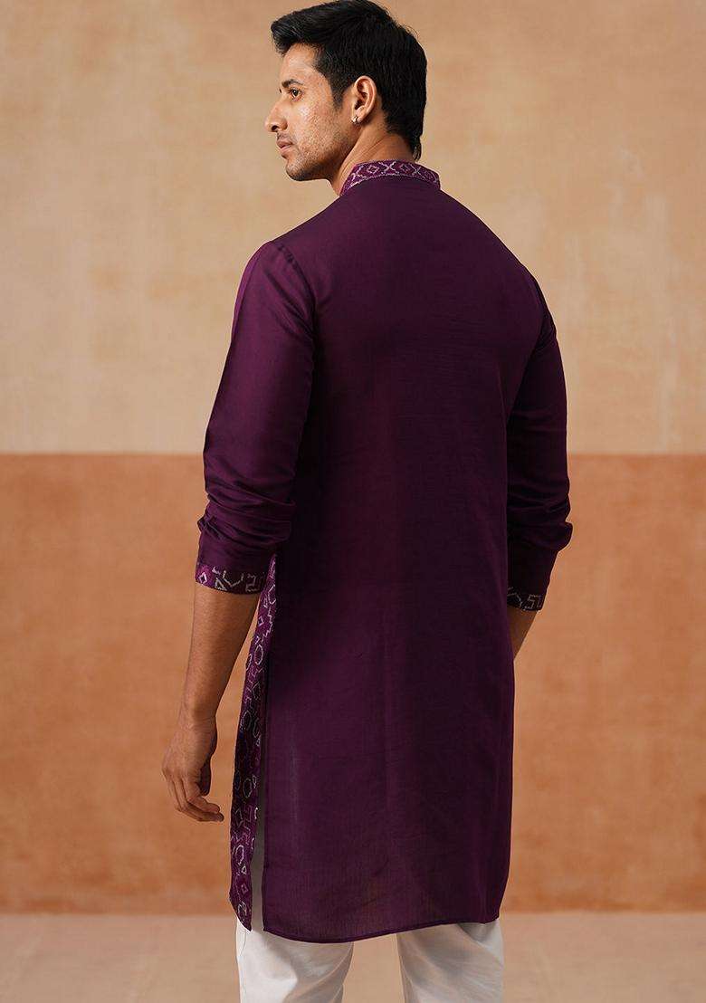 Purple Embroidery Silk Blend Kurta Pyjama Set For Men - Indya
