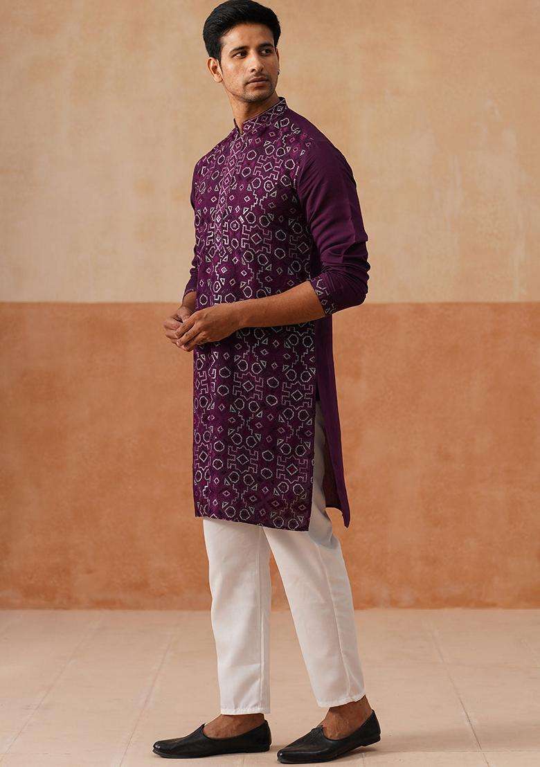 Purple Embroidery Silk Blend Kurta Pyjama Set For Men - Indya