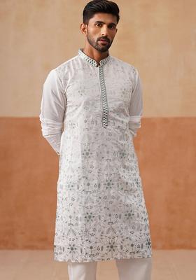 White Embroidery Silk Blend Kurta Pyjama Set For Men