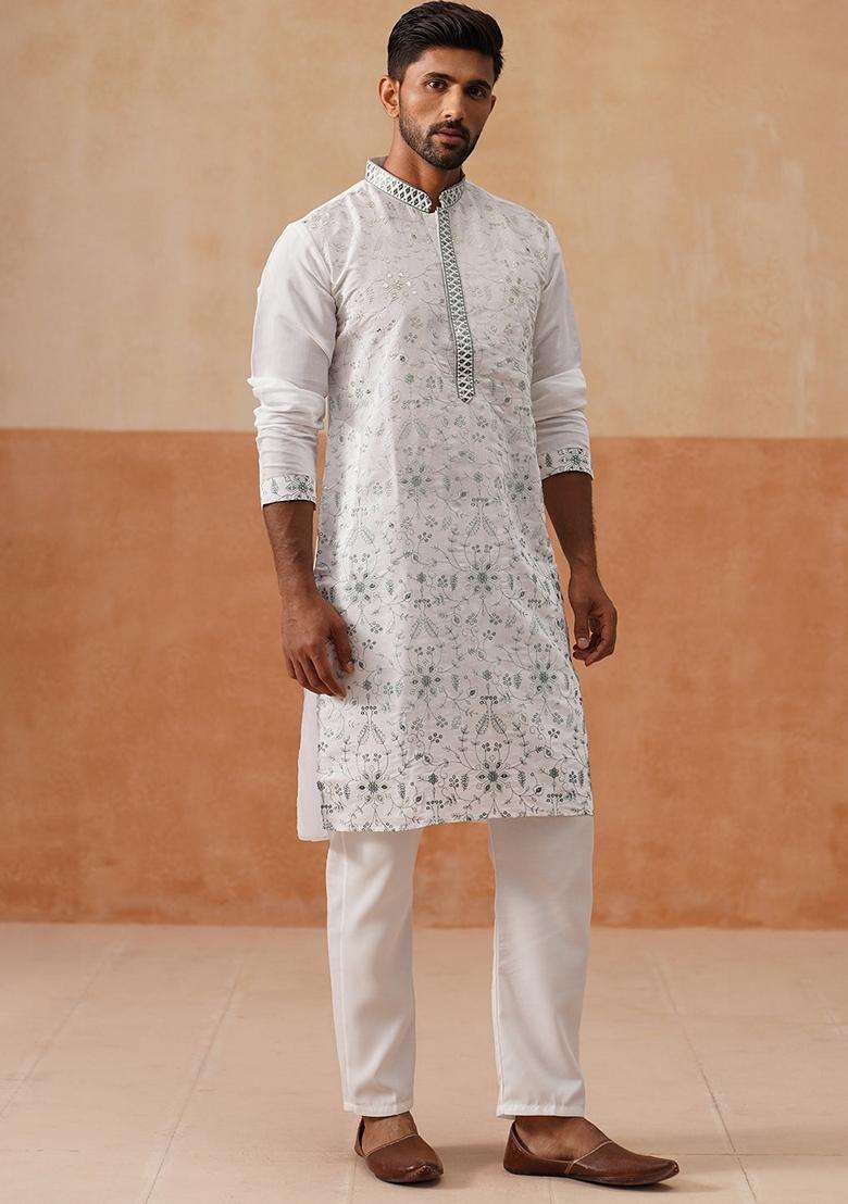 White Embroidery Silk Blend Kurta Pyjama Set For Men - Indya
