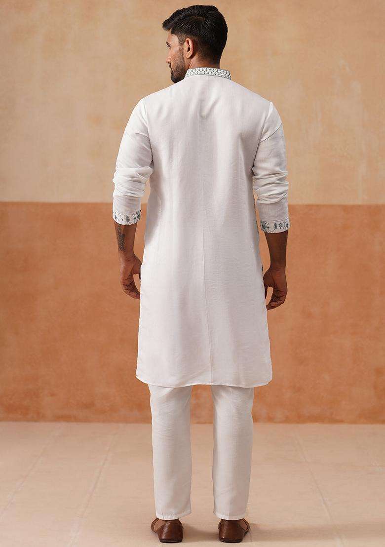 White Embroidery Silk Blend Kurta Pyjama Set For Men - Indya