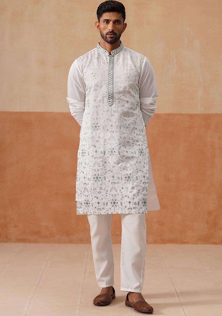 White Embroidery Silk Blend Kurta Pyjama Set For Men - Indya