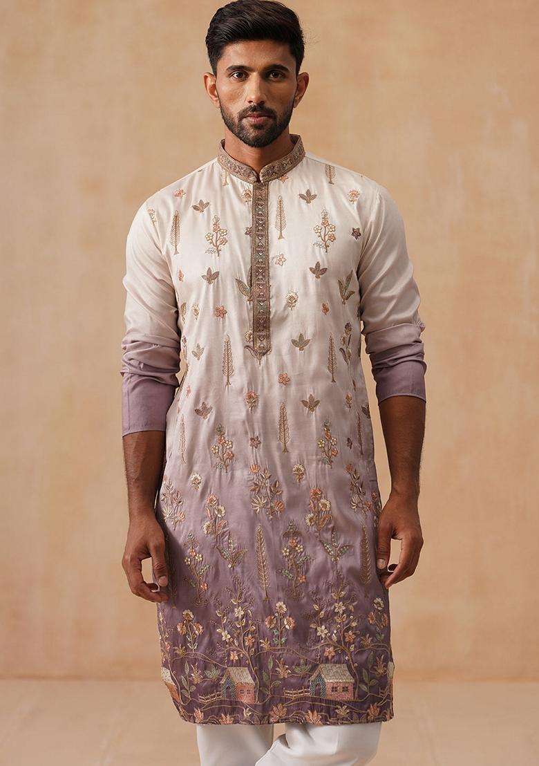 Purple Embroidery Silk Blend Kurta Pyjama Set For Men - Indya