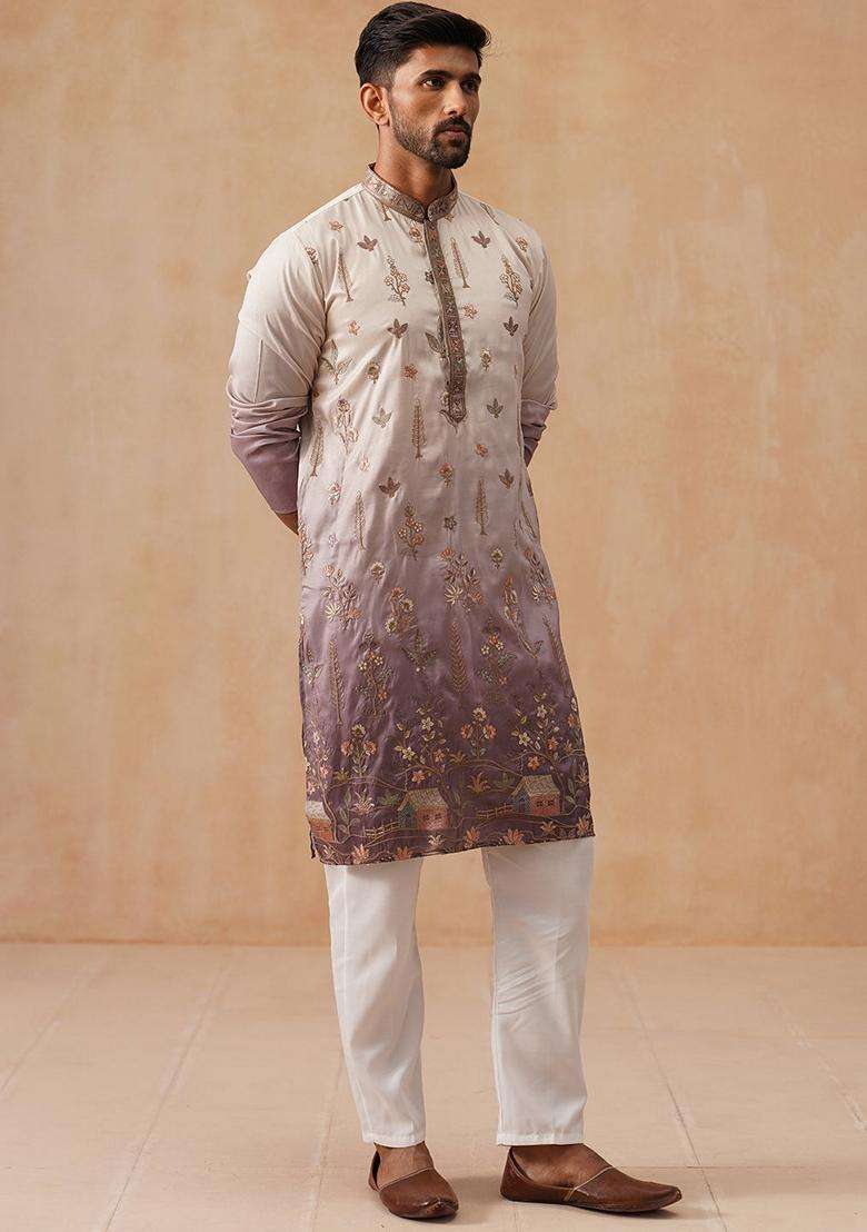 Purple Embroidery Silk Blend Kurta Pyjama Set For Men - Indya