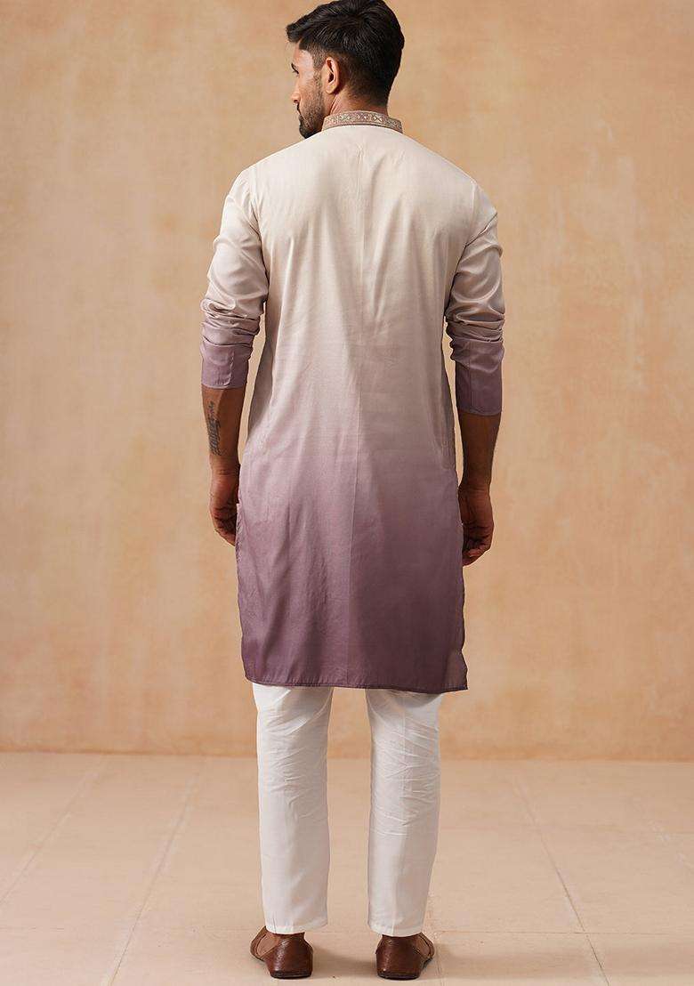 Purple Embroidery Silk Blend Kurta Pyjama Set For Men - Indya
