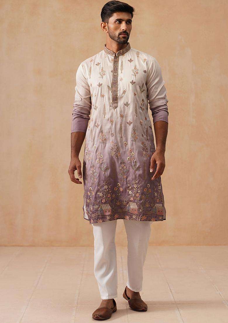 Purple Embroidery Silk Blend Kurta Pyjama Set For Men - Indya