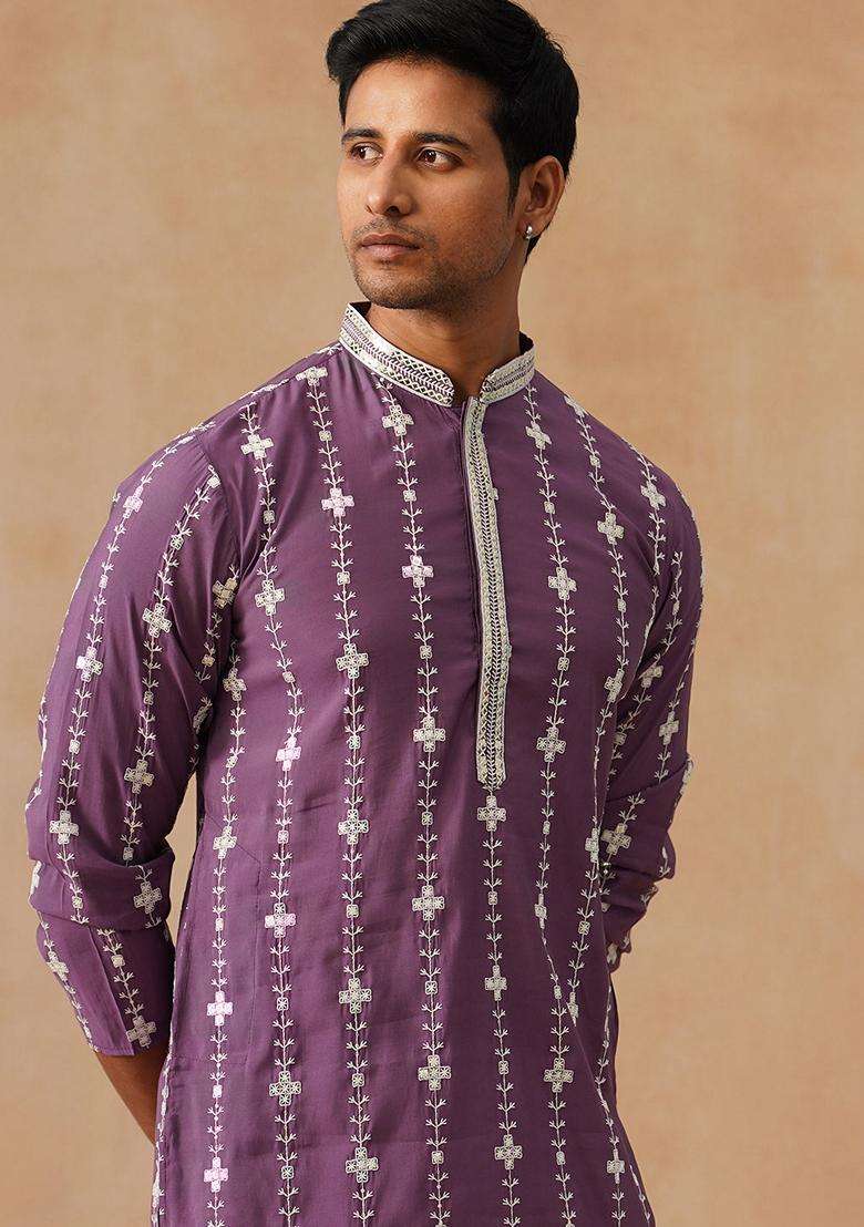Purple Embroidery Silk Blend Kurta Pyjama Set For Men - Indya