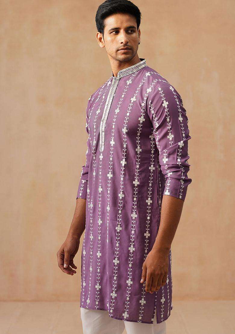 Purple Embroidery Silk Blend Kurta Pyjama Set For Men - Indya
