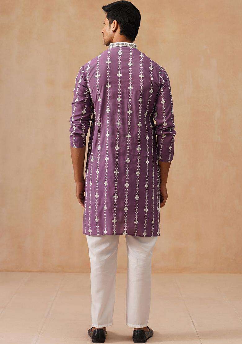 Purple Embroidery Silk Blend Kurta Pyjama Set For Men - Indya