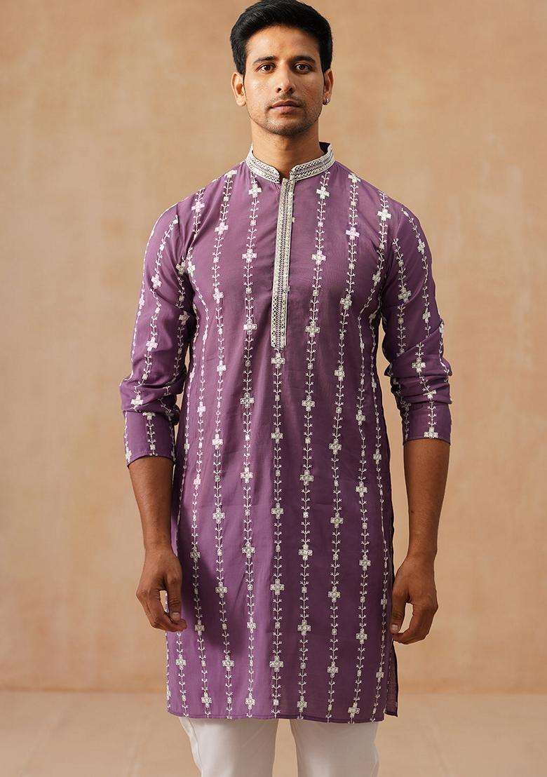 Purple Embroidery Silk Blend Kurta Pyjama Set For Men - Indya