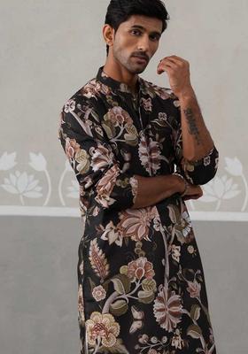 Black Printed Cotton Kurta Pyjama Set For Men