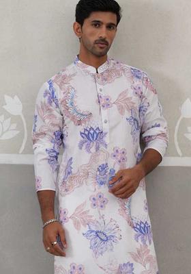 Blue Printed Cotton Kurta Pyjama Set For Men