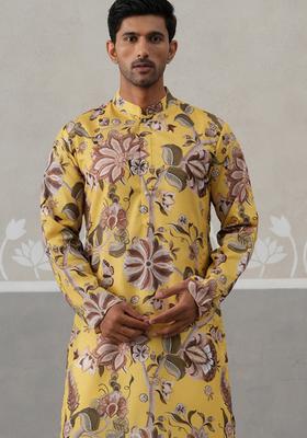 Yellow Printed Cotton Kurta Pyjama Set For Men