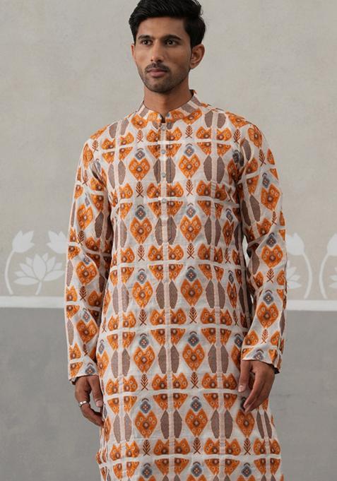 Orange Self Design Silk Kurta Pyjama Set For Men