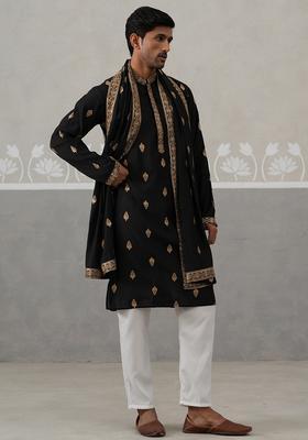 Black Embroidery Silk Kurta Pyjama Set For Men