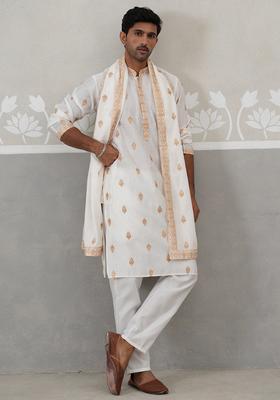 White Embroidery Silk Kurta Pyjama Set For Men