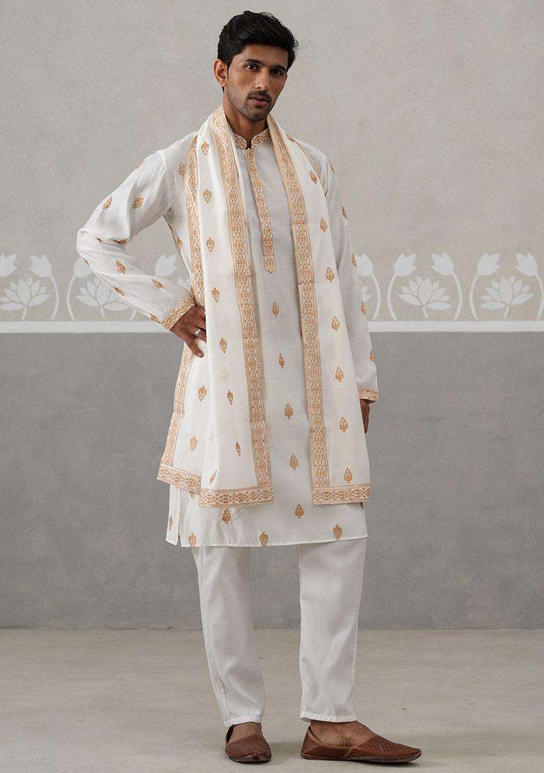 White Embroidery Silk Blend Kurta Pyjama Set For Men - Indya