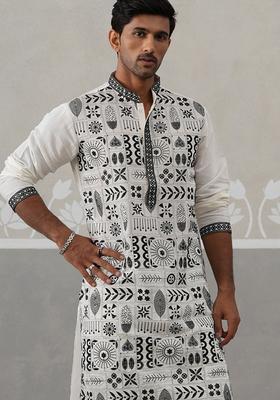 White Embroidery Silk Kurta Pyjama Set For Men