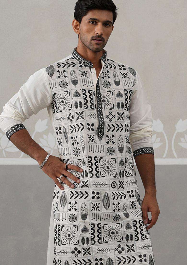White Embroidery Silk Blend Kurta Pyjama Set For Men - Indya