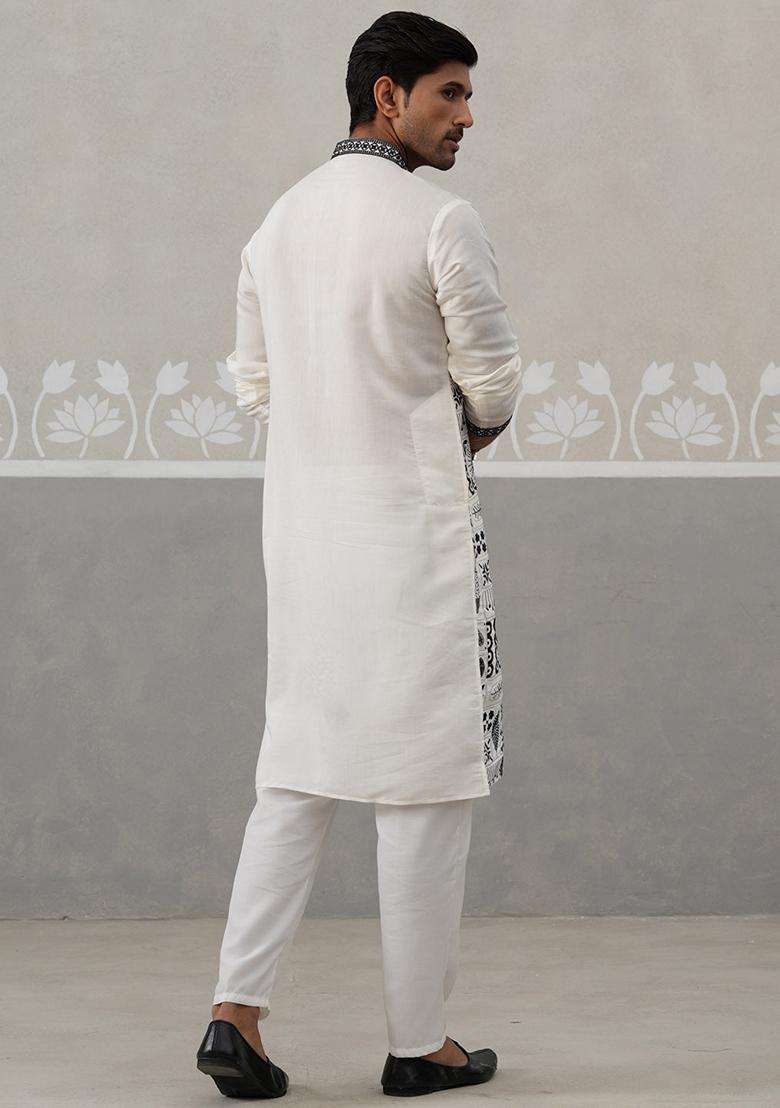 White Embroidery Silk Blend Kurta Pyjama Set For Men - Indya